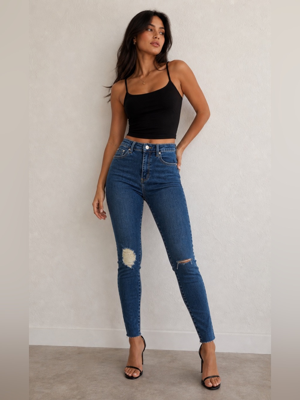 Tractr Diane Mid-Rise Dark Blue Ripped Skinny Jeans Premium Denim Collection